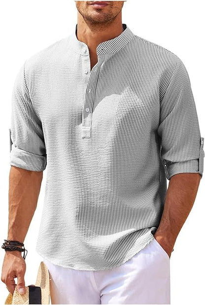 Men's Shirt – Relaxed Fit – Band Collar – Light Cotton – Button Closure