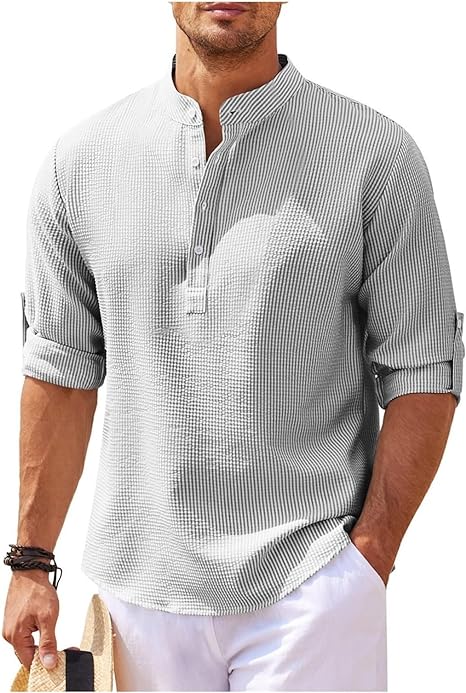 Men's Shirt – Relaxed Fit – Natural Fibres – Band Collar – Rolled Sleeves