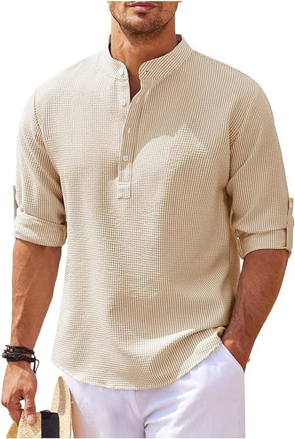 Men's Shirt – Relaxed Fit – Natural Fibres – Band Collar – Rolled Sleeves