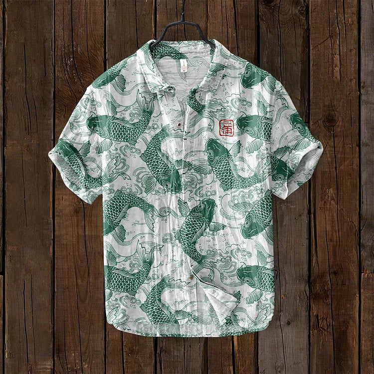 Men's Shirt – Relaxed Fit – Breathable Linen Blend – Fish Motif Print