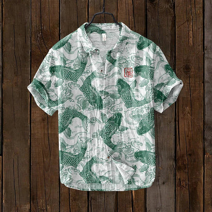 Men's Shirt – Relaxed Fit – Breathable Linen Blend – Fish Motif Print