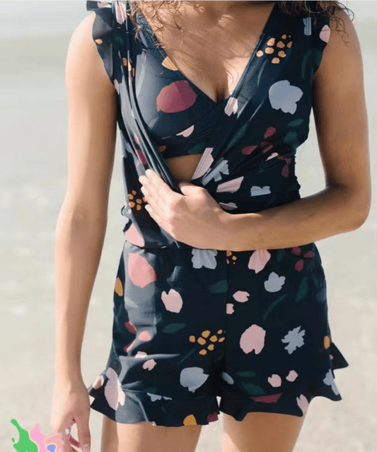 Women's Jumpsuit – Slim Fit – V-Neck Wrap – Floral Print – Quick-Drying Fabric