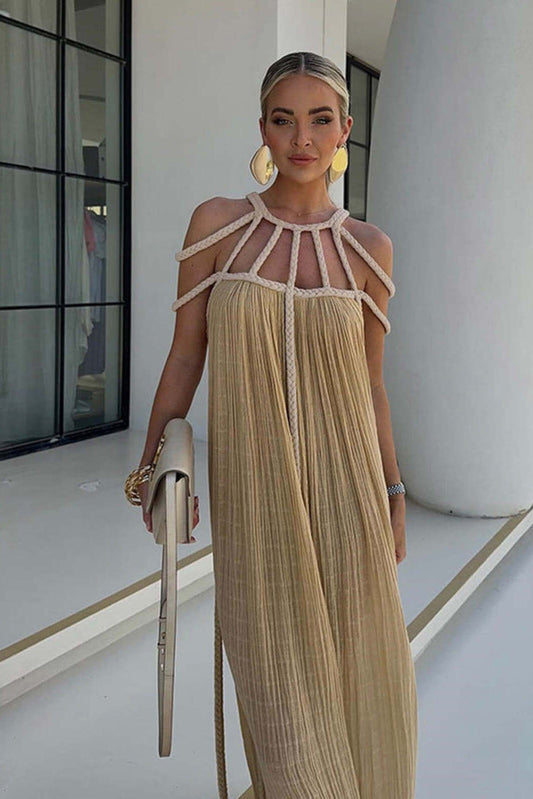 Maxi Dress for Women – Flexible Braided Straps – Pleated Fabric – Elegant Loose Fit
