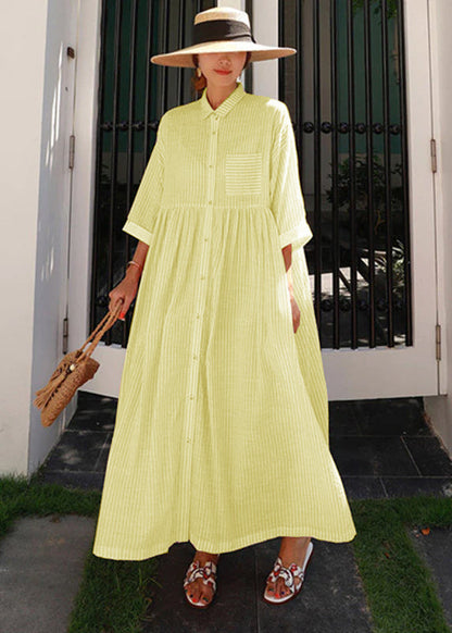 Women's Long Dress – A-Line Fit – Peter Pan Collar – Button Closure – Striped Design