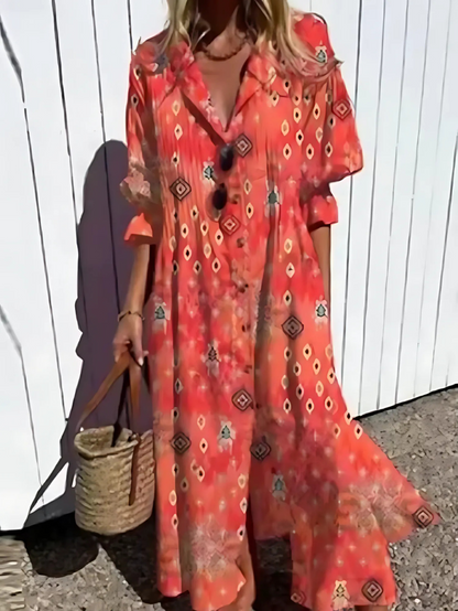 Women's Maxi Dress – Relaxed Fit – Lightweight and Breathable – Buttons – Leaf Print