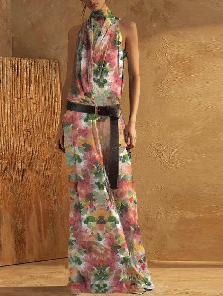 Women's Maxi Dress – Sleeveless – High Neck – Belted Waist – Light and Airy Fit
