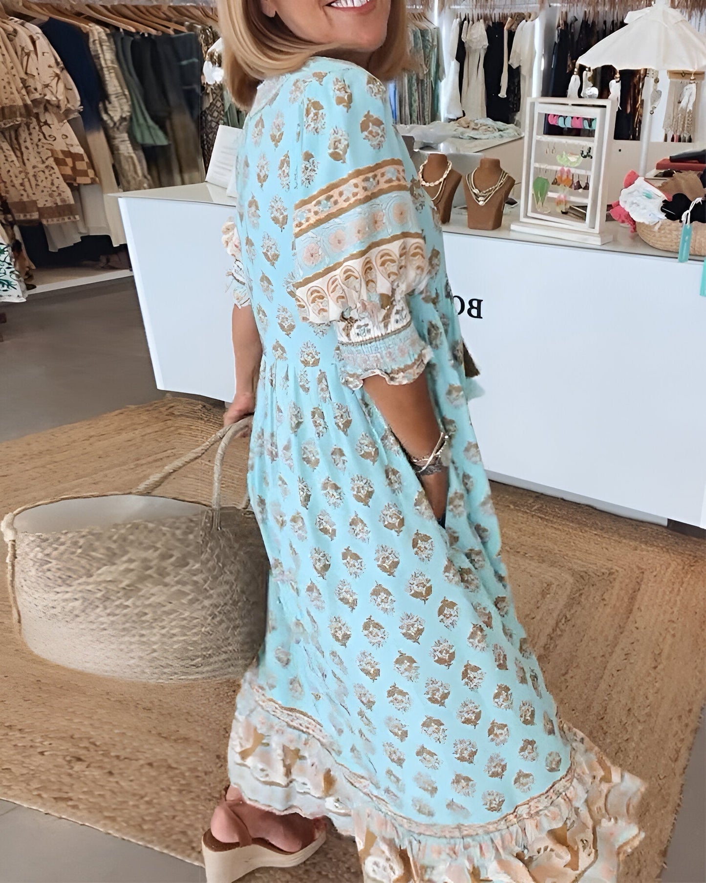 Maxi Dress for Women – V-Neck – Bohemian Floral – Airy Fit – Three-Quarter Sleeves