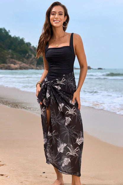 Women's Swimsuit Set – Floral Print – Square Neck – Side-Tied Wrap Dress