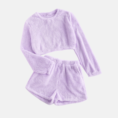 Women's Loungewear Set – Cropped Long-Sleeve Top – High-Waisted Shorts in Soft Fleece