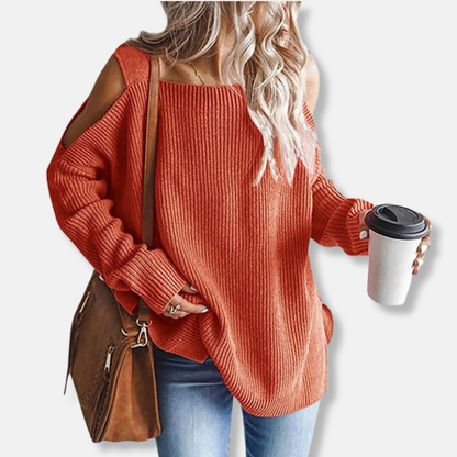 Women's sweater - Open shoulder knit - Loose fit - Ribbed texture