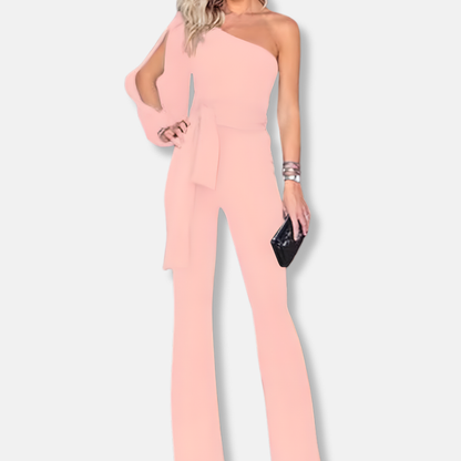 Women's Jumpsuit – One Shoulder – Slim Fit – Belted Waist – Flared Leg