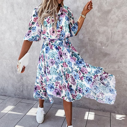 Dame Midikjole – Blomstret Print – V-Hals med Knapper – Elastisk Talje – 3/4 Ærmer