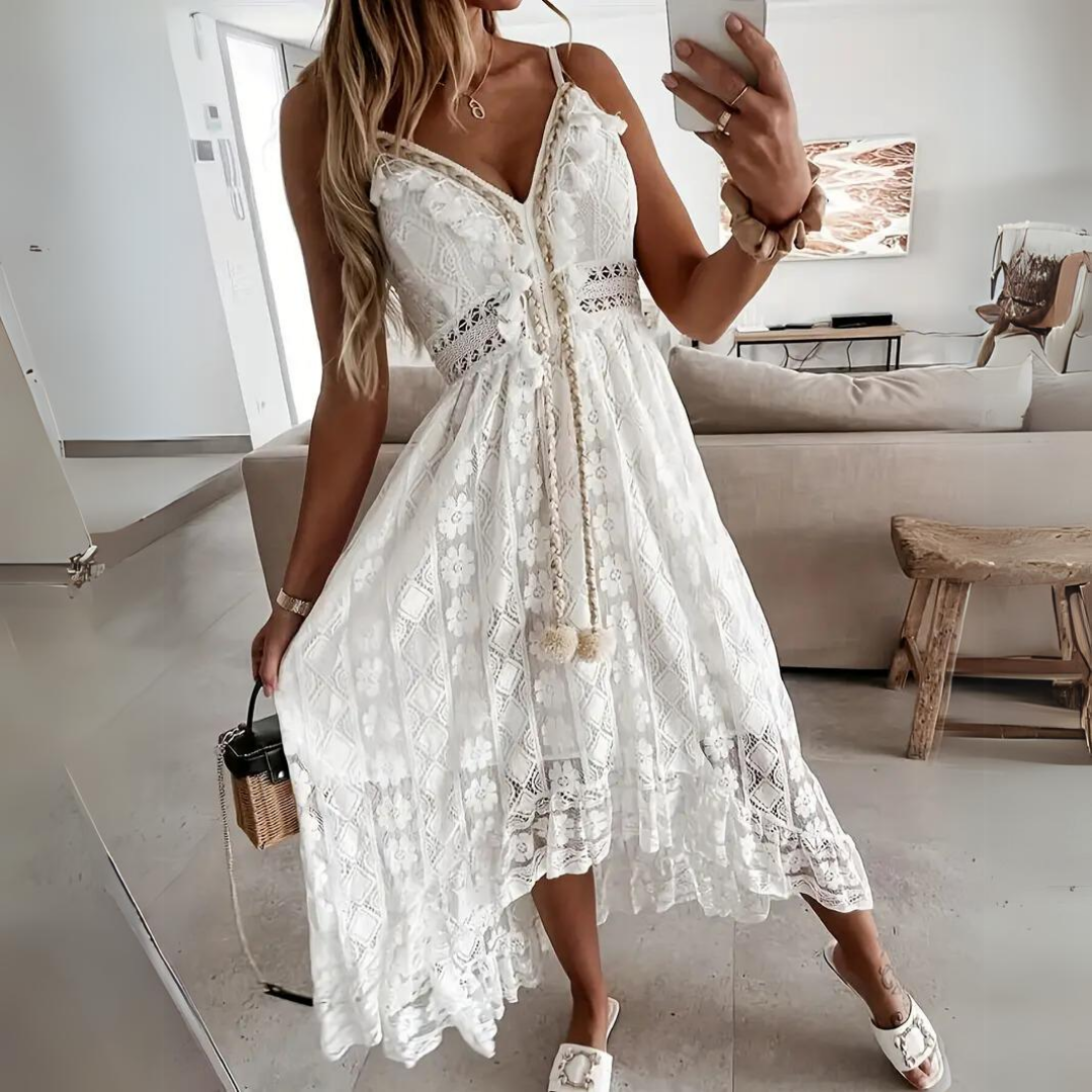 Women's Midi Dress – Relaxed Fit – Lace Details – Spaghetti Straps – Boho Look