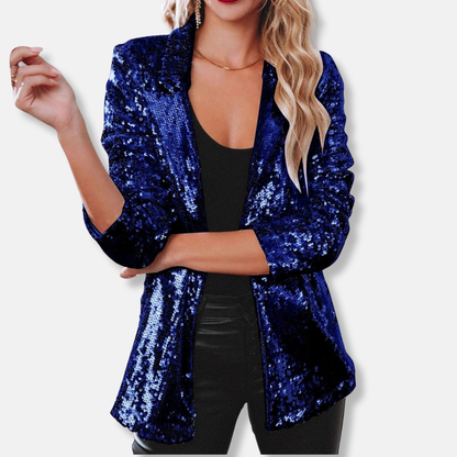Olivia Sequin-Embellished Collared Blazer | Relaxed Fit Hip-Length Blazer
