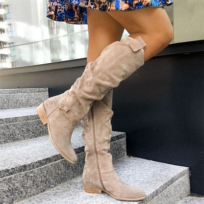 Women's Boots - Mid-Calf Slouchy Design - Genuine Suede - Flat Comfortable Sole