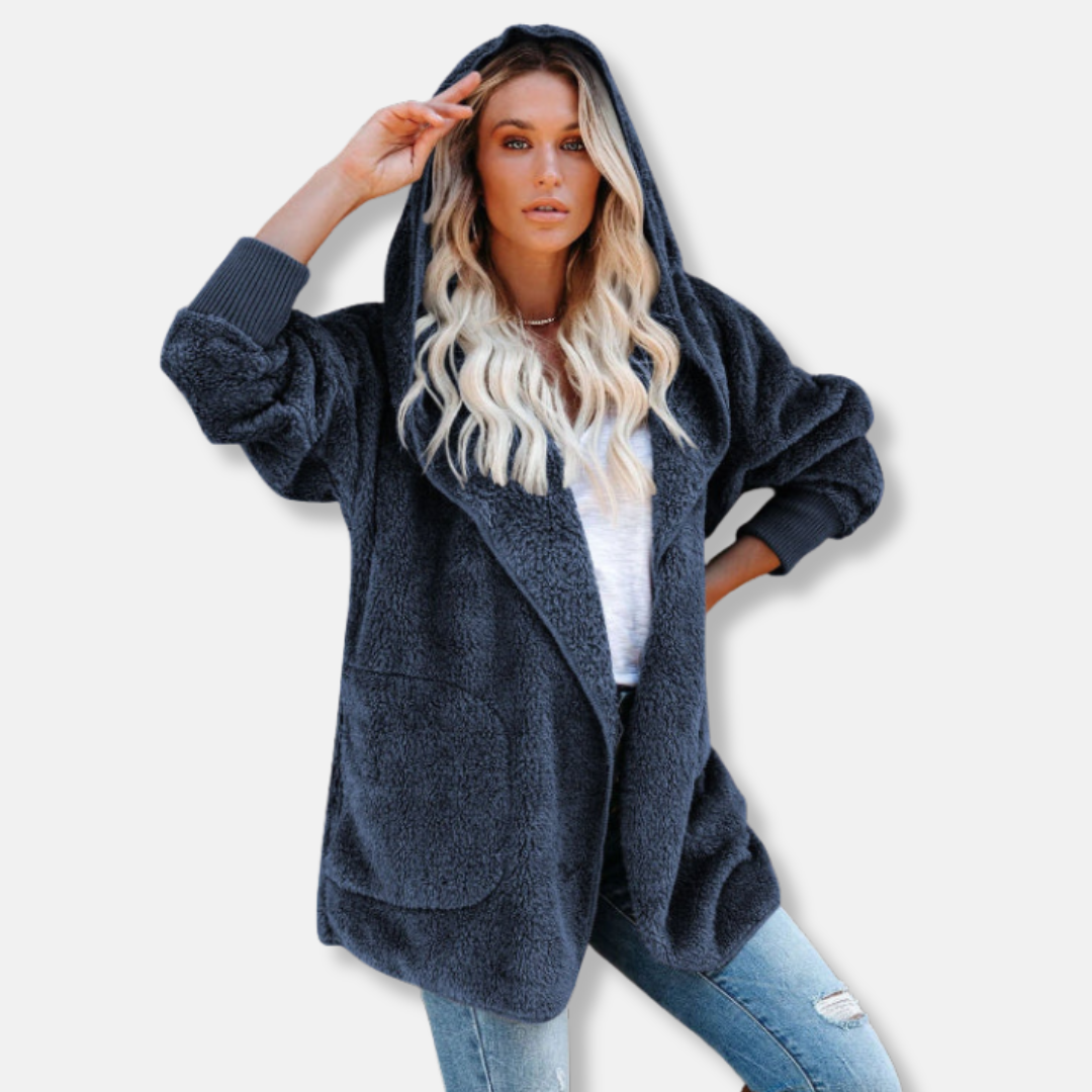 Women's Cardigan with Hood – Soft Sherpa Fleece – Oversized Fit – Open Design with Pockets