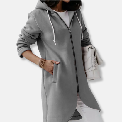 Women's Sweatshirt Jacket – Relaxed Fit – Drawstring Hood – Zipper – Mid-Length