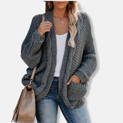 Isla Wool Oversized Cardigan | Ribbed Open Front Pockets Cardigan