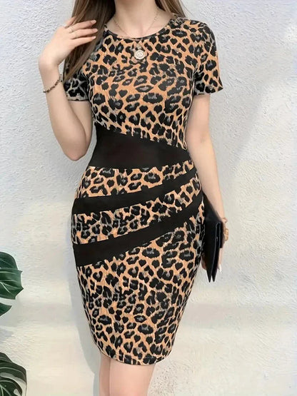 Dame Bodycon Kjole - Dyreprint - Kortærmet - Mesh Detaljer - Elegant Slim Fit