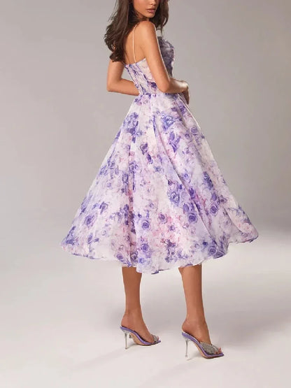 Women's Midi Dress – A-Line Fit – Light Chiffon – Spaghetti Straps – Floral Print