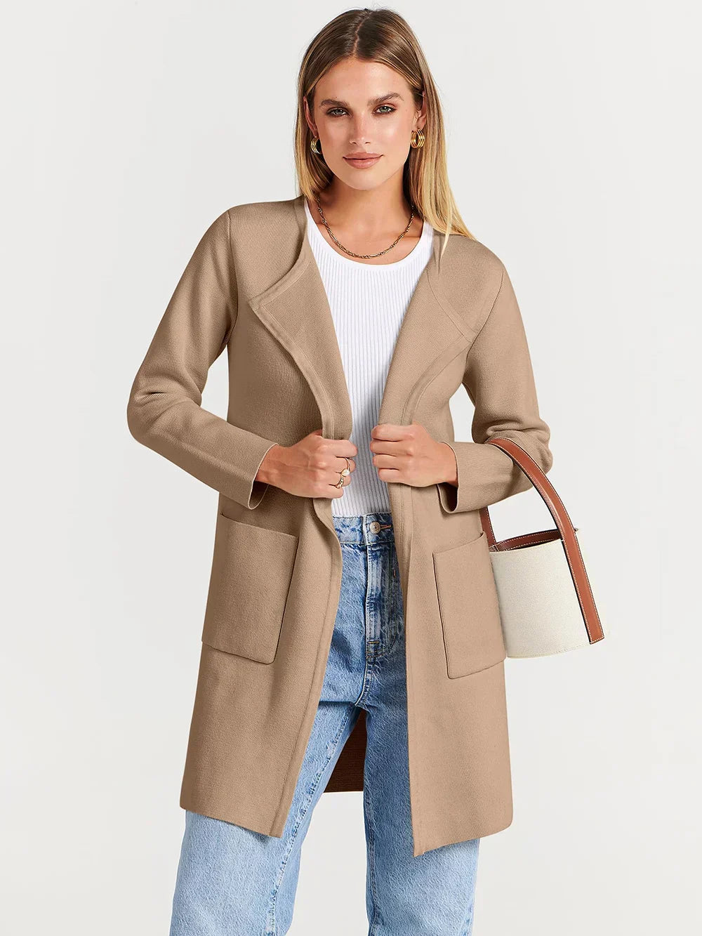 Women's Coat – Relaxed Fit – Knee Length – Wide Lapels – Minimalist Design