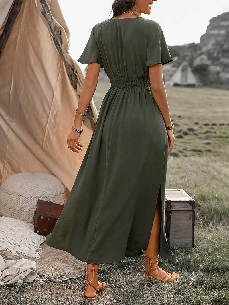 Women's Midi Dress – A-line – V-neck Wrap – Short Sleeves – Light and Breathable