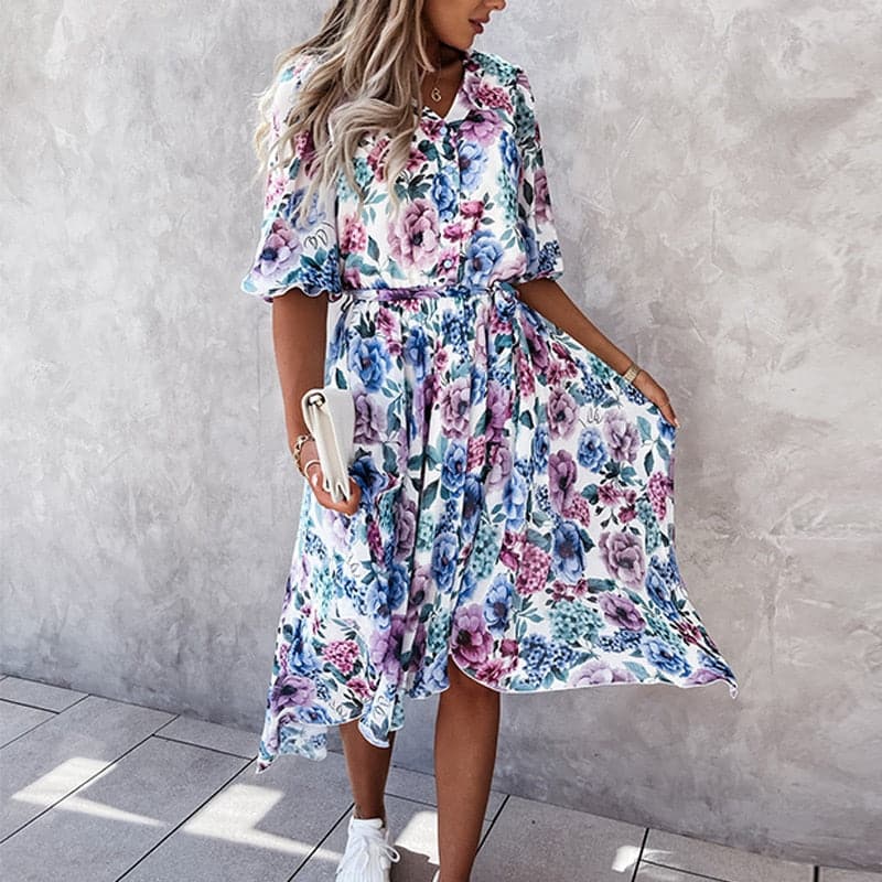 Dame Midikjole – Blomstret Print – V-Hals med Knapper – Elastisk Talje – 3/4 Ærmer