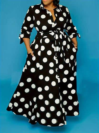 Women's Maxi Dress - Polka Dot Pattern - Button Closure - Waist Tie - 3/4 Sleeves