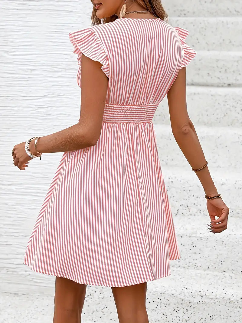 Women's Summer Dress - V-Neck - Ruffle Sleeves - Fitted Waist - Light and Breathable