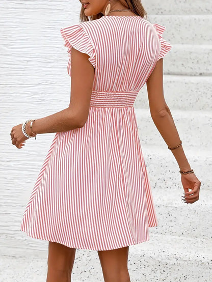 Women's Summer Dress - V-Neck - Ruffle Sleeves - Fitted Waist - Light and Breathable