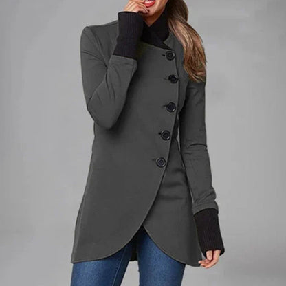 Kvinder’s Frakke – Asymmetrisk Knaplukning – Høj Krave – Langærmet – Elegant Fit