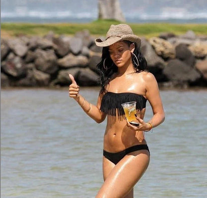 Women's Bikini Set – Bandeau Top with Fringes – Low Waist – Cutouts on the Sides