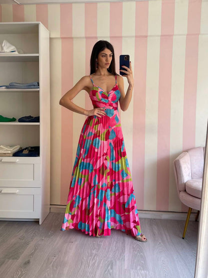 Women's Maxi Dress - Sleeveless with Spaghetti Straps - Pleated Skirt - Elegant Fit