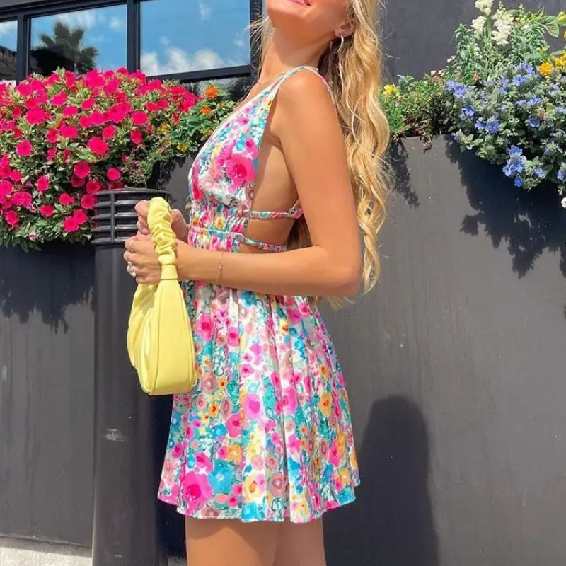 Women's Skater Dress - Sleeveless V-neck - Floral Print - Light and Airy Fit