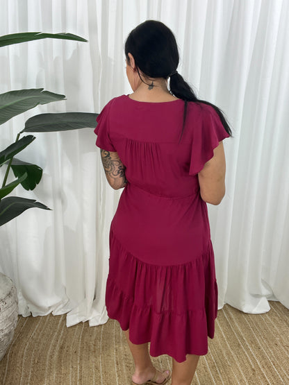 Women's Dress - V-neck - Button Closure - Adjustable Waist - Short Sleeves - Loose Fit