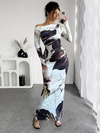 Dame Maxi Kjole - Langærmet - Off-Shoulder - Tætsiddende - Elegant Mønster