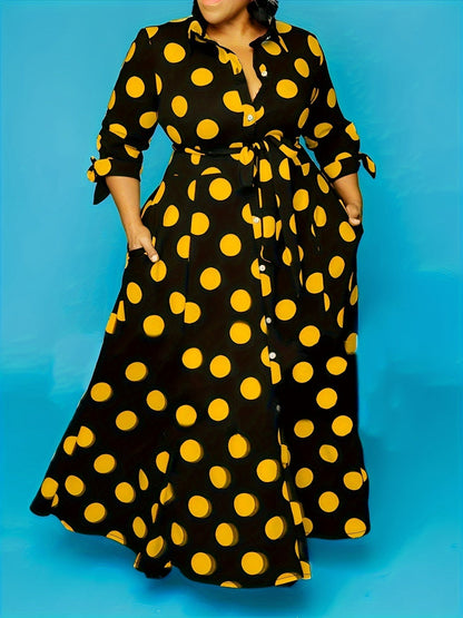 Women's Maxi Dress - Polka Dot Pattern - Button Closure - Waist Tie - 3/4 Sleeves