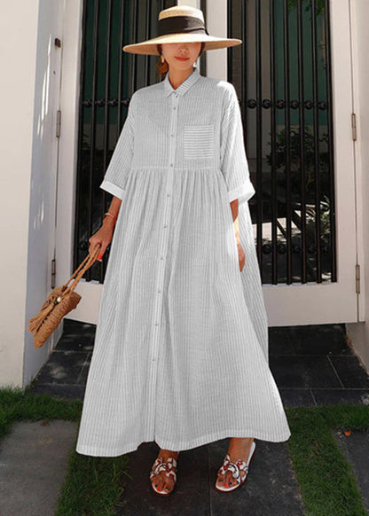 Women's Long Dress – A-Line Fit – Peter Pan Collar – Button Closure – Striped Design