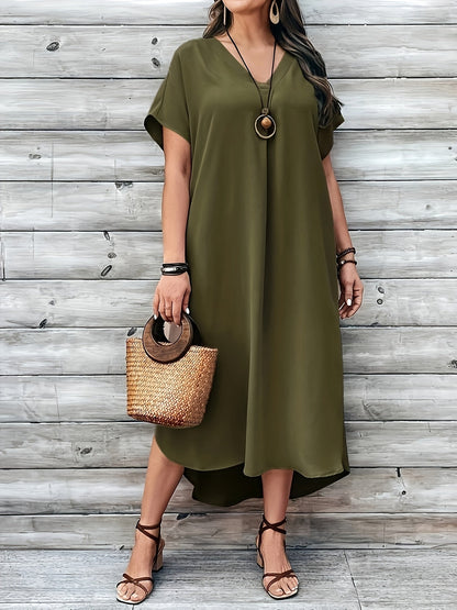 Women's Dress - Loose Fit - V-neck - Short Sleeves - Asymmetric Hem - Light and Airy