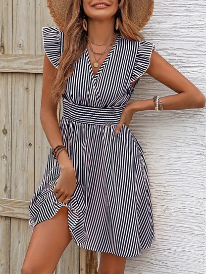 Women's Summer Dress - V-Neck - Ruffle Sleeves - Fitted Waist - Light and Breathable