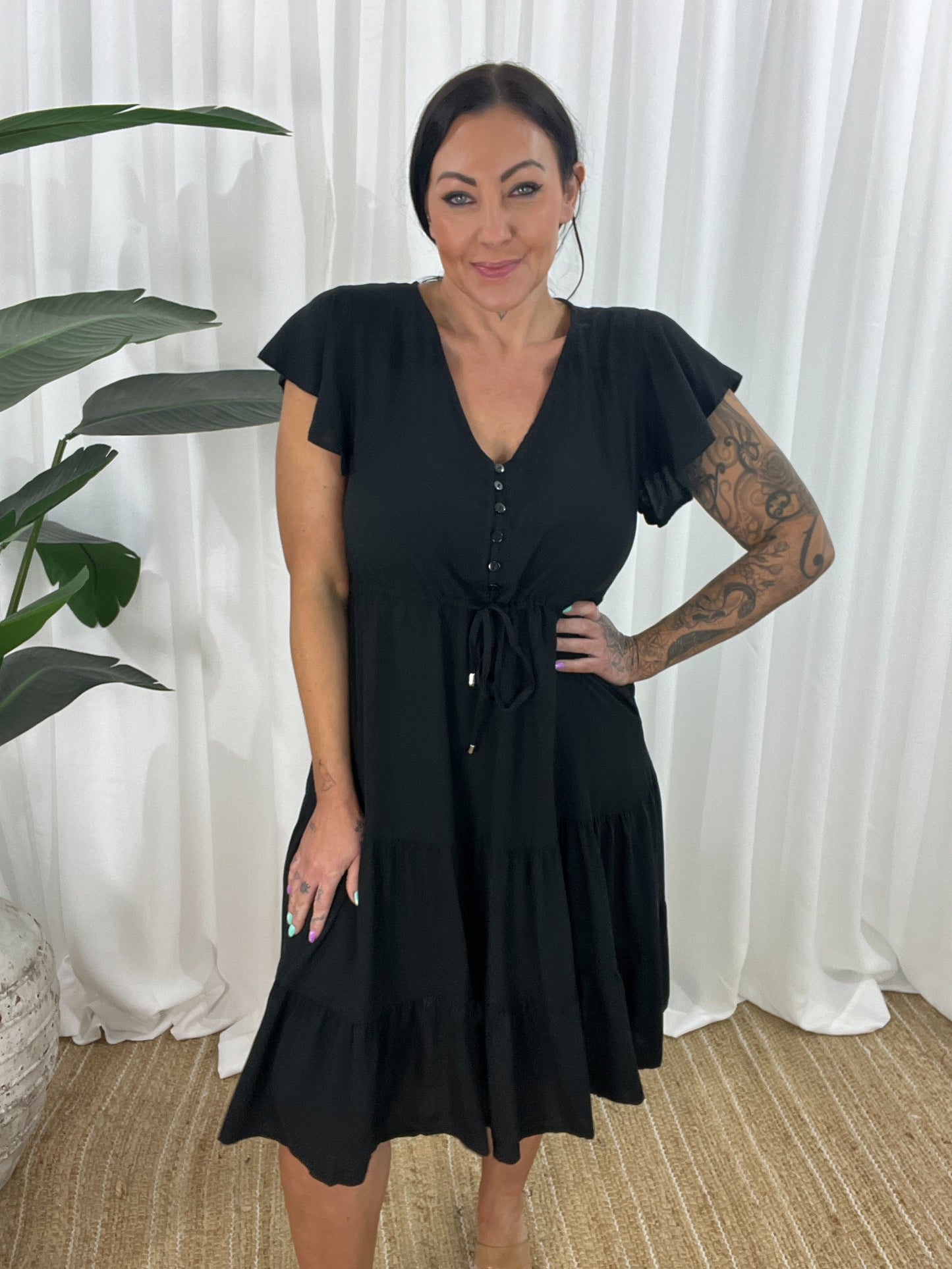 Women's Dress - V-neck - Button Closure - Adjustable Waist - Short Sleeves - Loose Fit