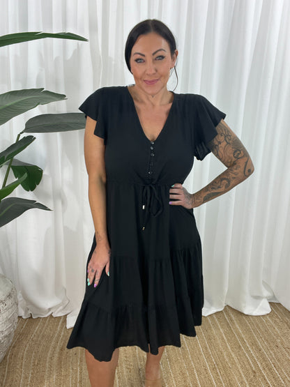 Women's Dress - V-neck - Button Closure - Adjustable Waist - Short Sleeves - Loose Fit