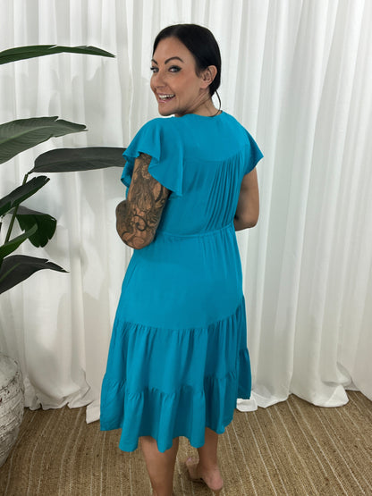 Women's Dress - V-neck - Button Closure - Adjustable Waist - Short Sleeves - Loose Fit