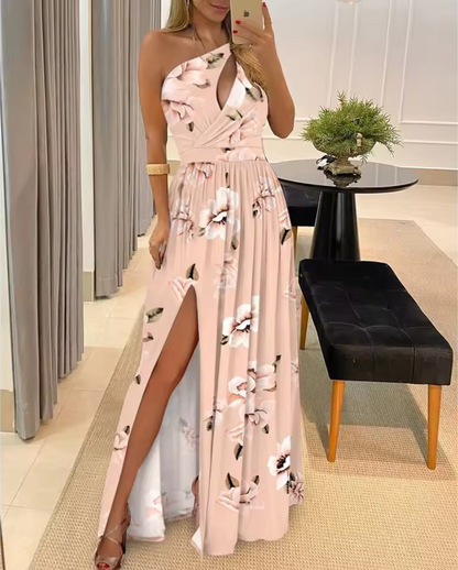 Women's Evening Dress – Asymmetric One-Shoulder – Pleated Skirt with High Slit – Elegant Cut