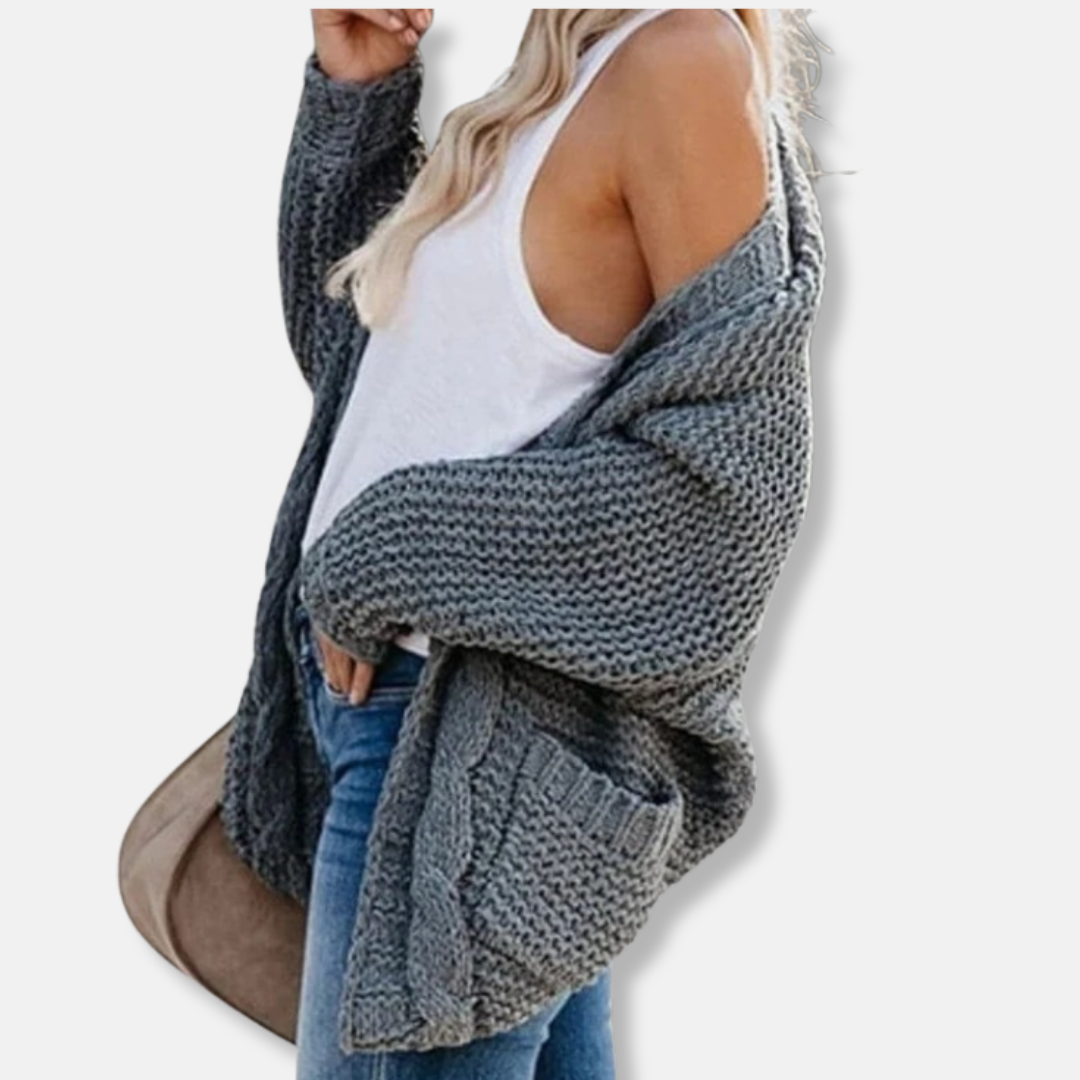 Isla Wool Oversized Cardigan | Ribbed Open Front Pockets Cardigan