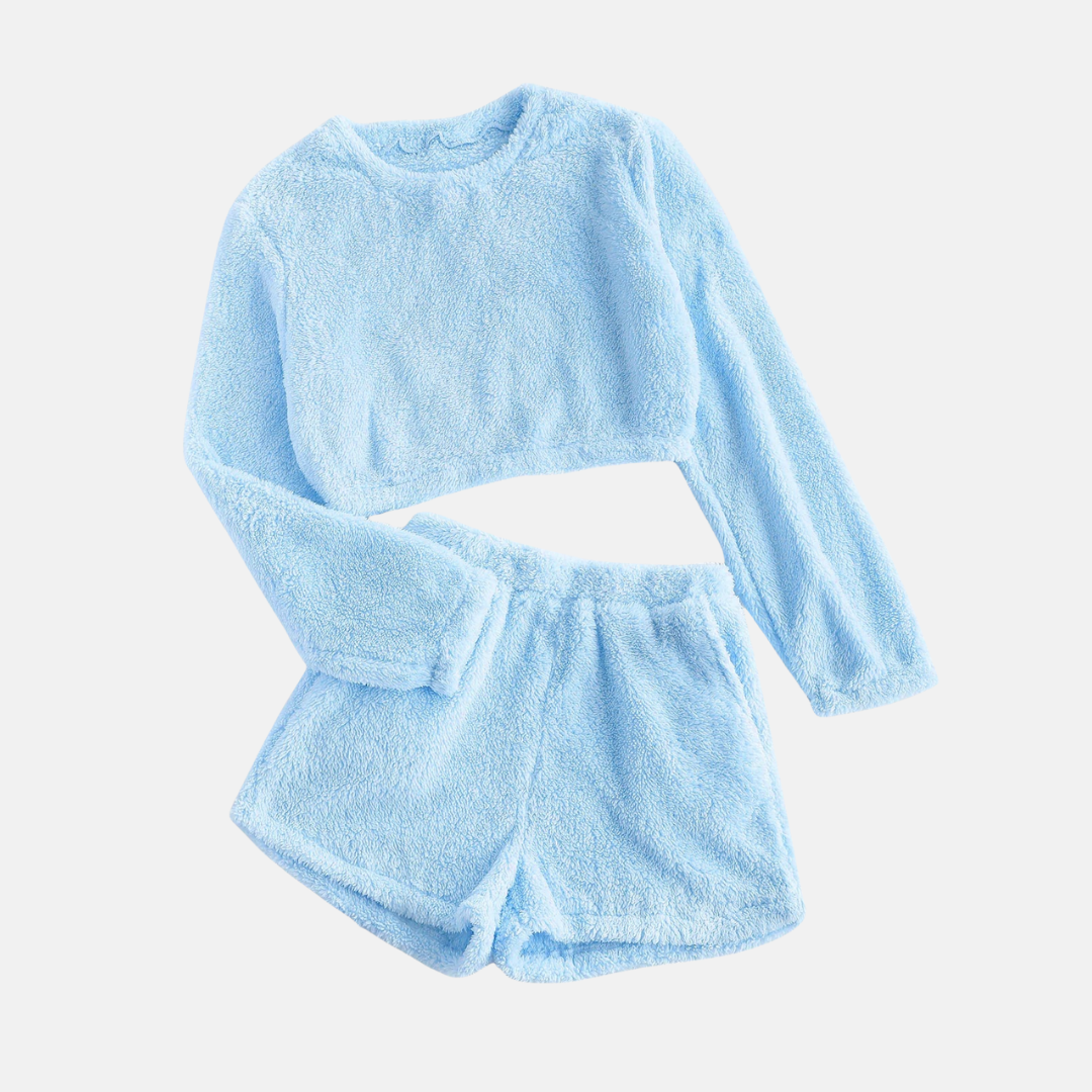 Women's Loungewear Set – Cropped Long-Sleeve Top – High-Waisted Shorts in Soft Fleece