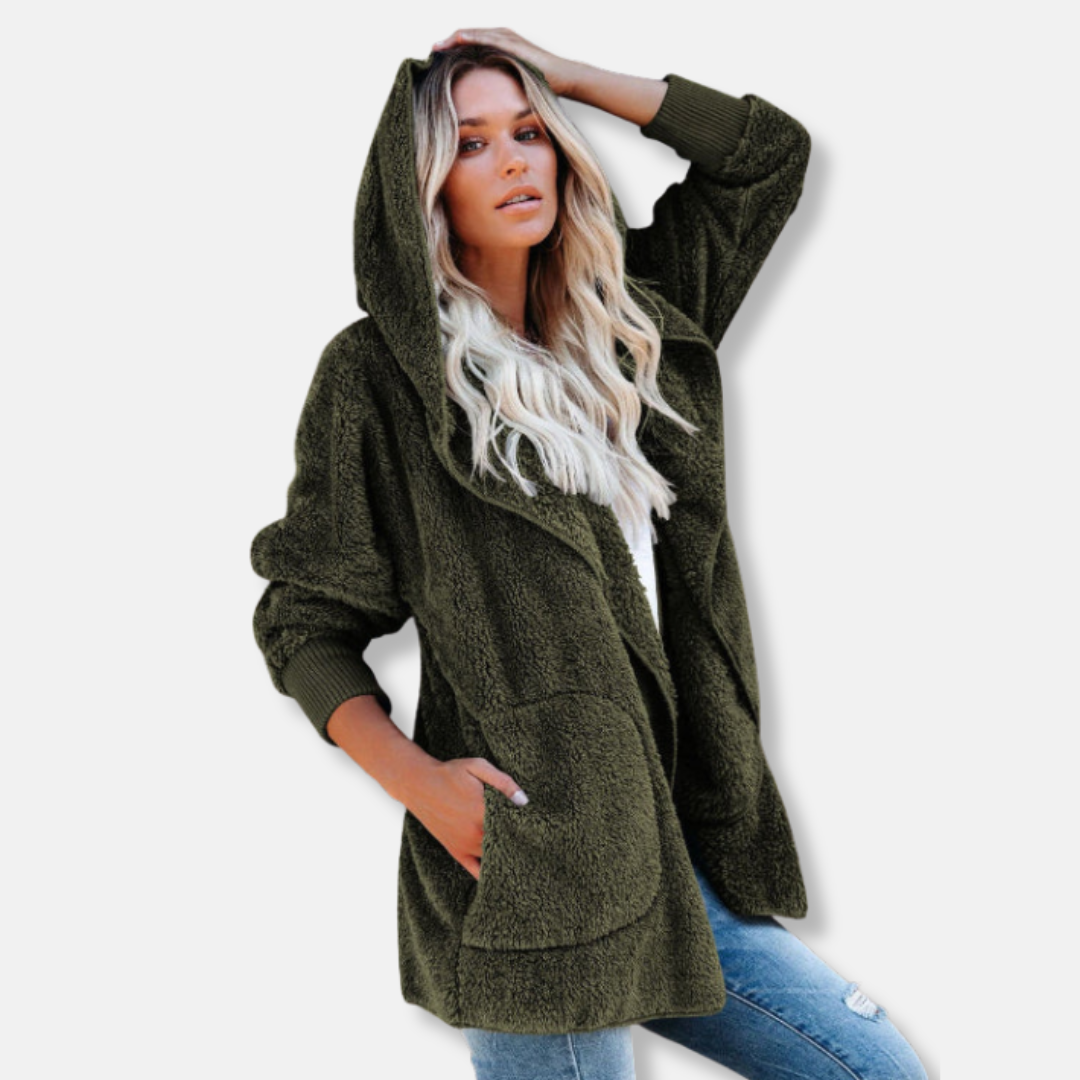 Women's Cardigan with Hood – Soft Sherpa Fleece – Oversized Fit – Open Design with Pockets