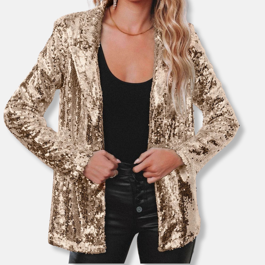 Olivia Sequin-Embellished Collared Blazer | Relaxed Fit Hip-Length Blazer