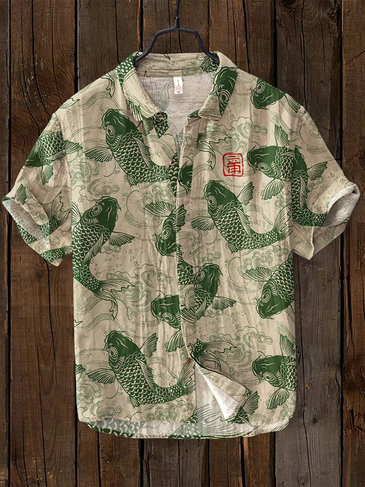 Men's Shirt – Relaxed Fit – Breathable Linen Blend – Fish Motif Print