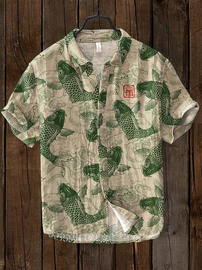 Men's Shirt – Relaxed Fit – Breathable Linen Blend – Fish Motif Print